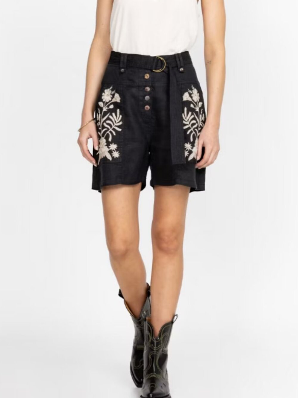 Johnny Was Marseille Belted Linen Short Embroidered Black Large